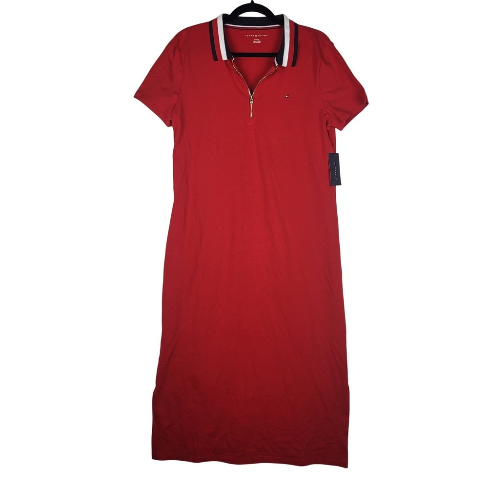Tommy Hilfiger Polo Dress Women M Red Zip Neck Ribbed Collar Preppy Chic